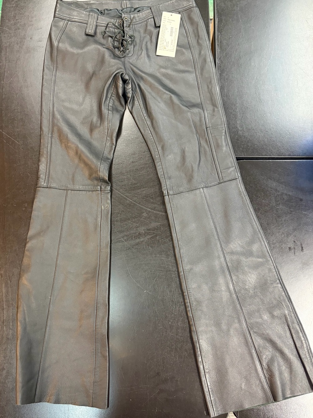 Black 100% genuine Leather Lace-Up Women's Jeans